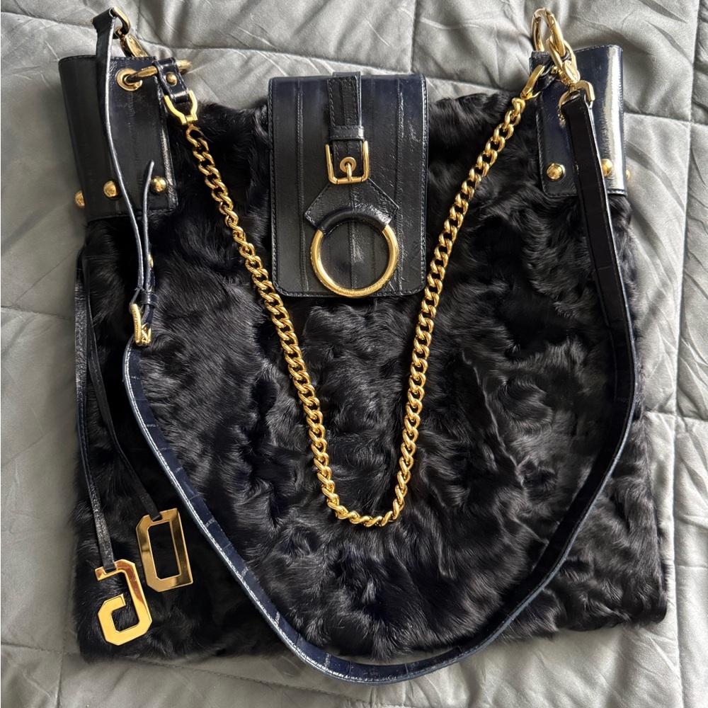 Dolce & Gabbana Black Faux Fur Tote with Gold Hardware